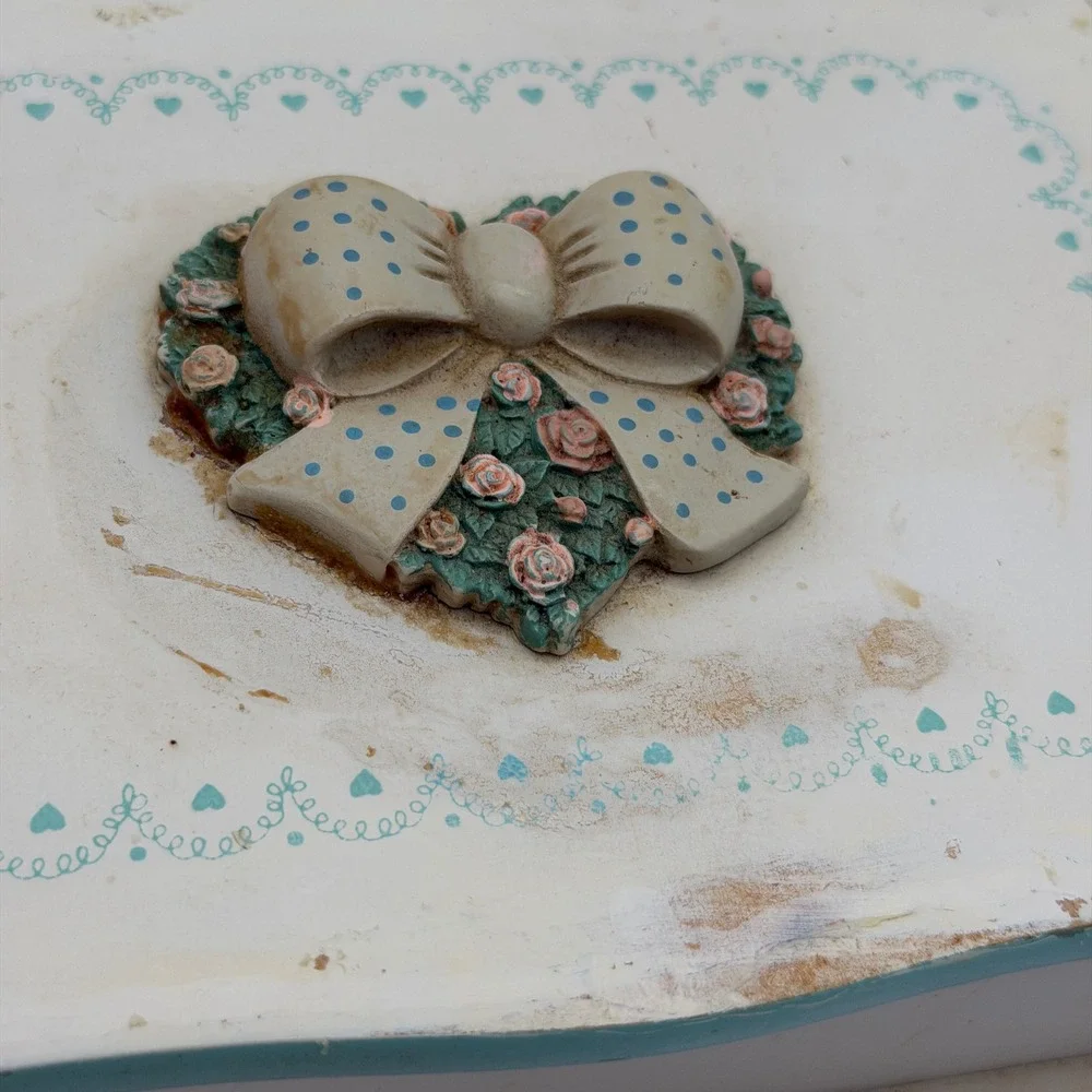 Vintage Shabby Chic Wooden Jewelry Box Cream Teal Floral Bow Heart Detail Taiwan